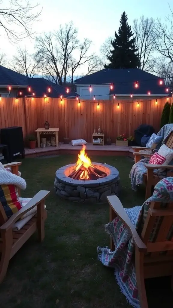 23 Inspiring Backyard Layout Ideas for Your Outdoor Oasis 10 A cozy backyard fire pit area with wooden chairs, blankets, and string lights.