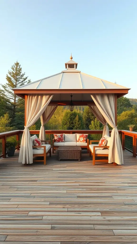 17 Stunning Gazebo Deck Ideas for Your Outdoor Oasis 5 A cozy gazebo featuring outdoor furniture, with soft curtains and a wooden deck.