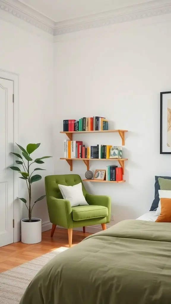 25 Stunning Green and White Bedroom Ideas for a Refreshing Retreat 16 Cozy green reading nook with a green chair, bookshelf, and potted plant