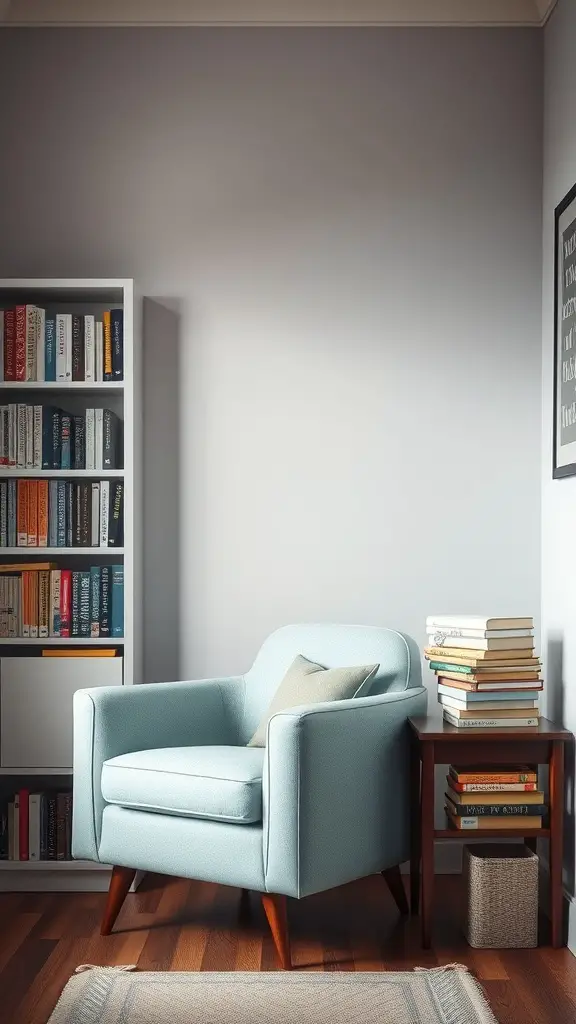 21 Charming Light Blue Dorm Room Ideas to Refresh Your Space 15 Cozy light blue reading nook with an armchair, book shelves, and a side table with books.