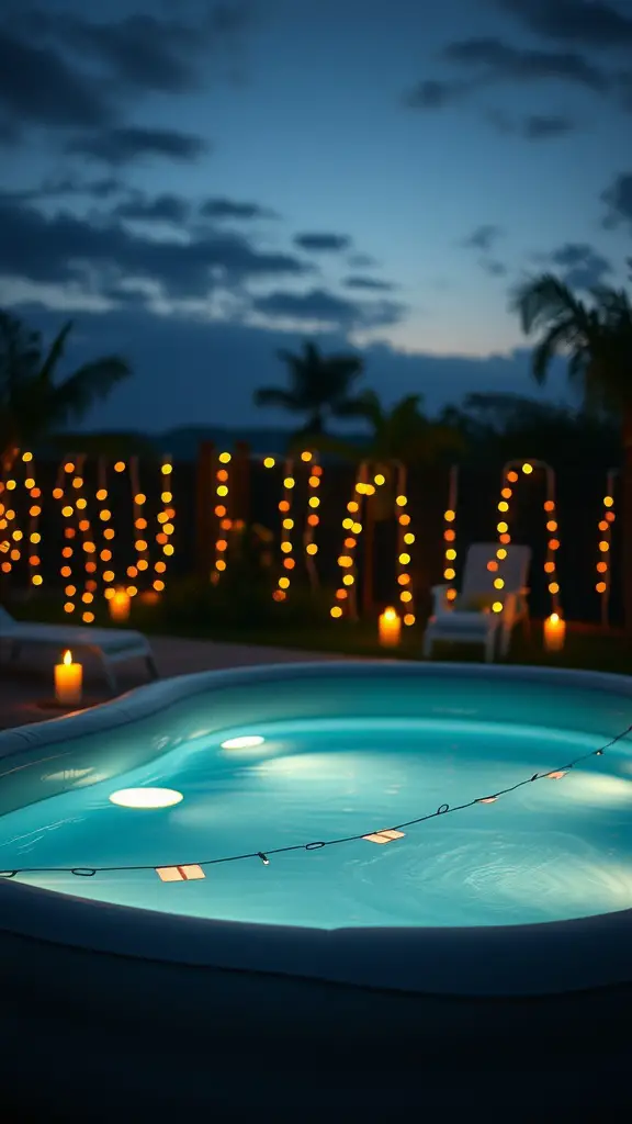 21 Inspiring Inflatable Pool Ideas for Your Backyard Oasis 8 Nighttime view of an inflatable pool surrounded by warm lights and candles