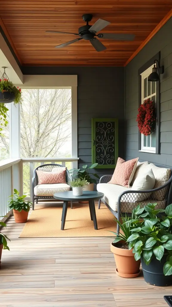 19 Inspiring Front Deck Ideas You'll Love 4 A cozy outdoor seating arrangement on a front deck with plants and a ceiling fan.