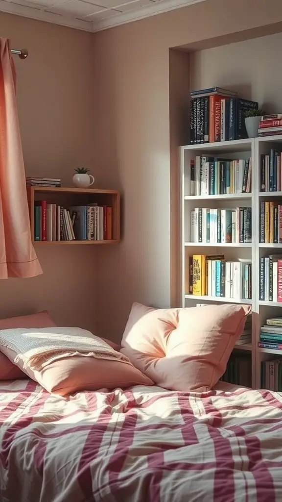 19 Dreamy Pink Dorm Room Ideas to Inspire Your Space 14 Cozy pink reading nook with a bed, bookshelves, and soft lighting