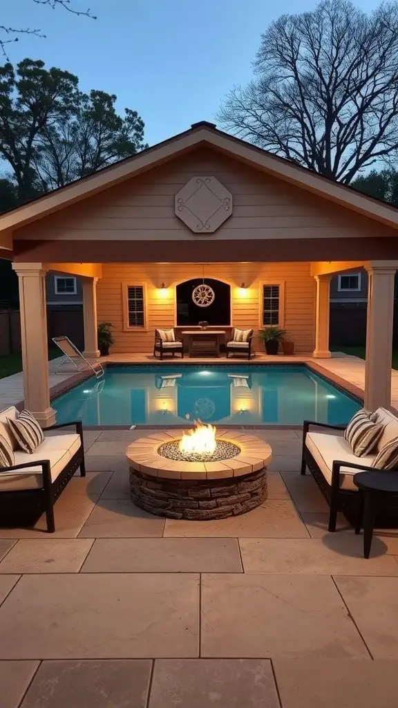 15 Stunning Pool House Ideas for Your Backyard Oasis 15 Cozy pool house with a fire pit and seating area beside a swimming pool.