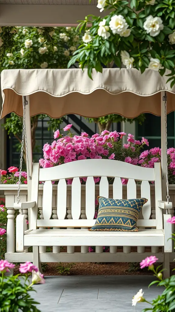 27 Creative Outdoor Swing Ideas for Your Backyard Bliss 10 A cozy porch swing with a canopy, surrounded by colorful flowers and a decorative pillow.