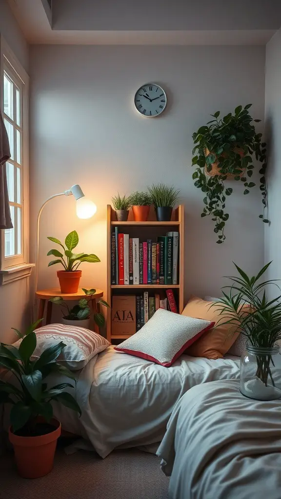 19 Cozy Earthy Dorm Room Ideas to Create Your Peaceful Retreat 13 Cozy reading nook with a bed, bookshelf, lamp, and potted plants.