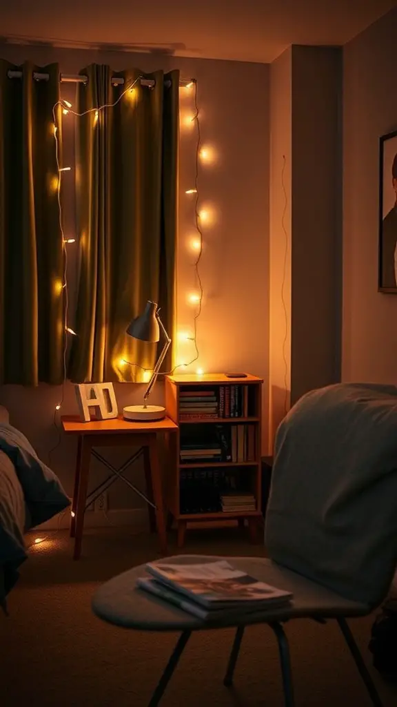 19 Aesthetic Dorm Room Ideas You’ll Love 4 A cozy reading nook with fairy lights, a chair, a small table with a lamp and books.