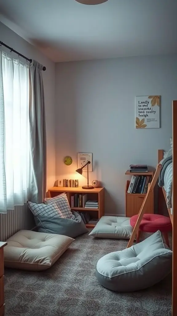 19 Stylish Dorm Room Ideas for Guys 6 A cozy reading nook in a dorm room featuring floor cushions and a warm lamp.