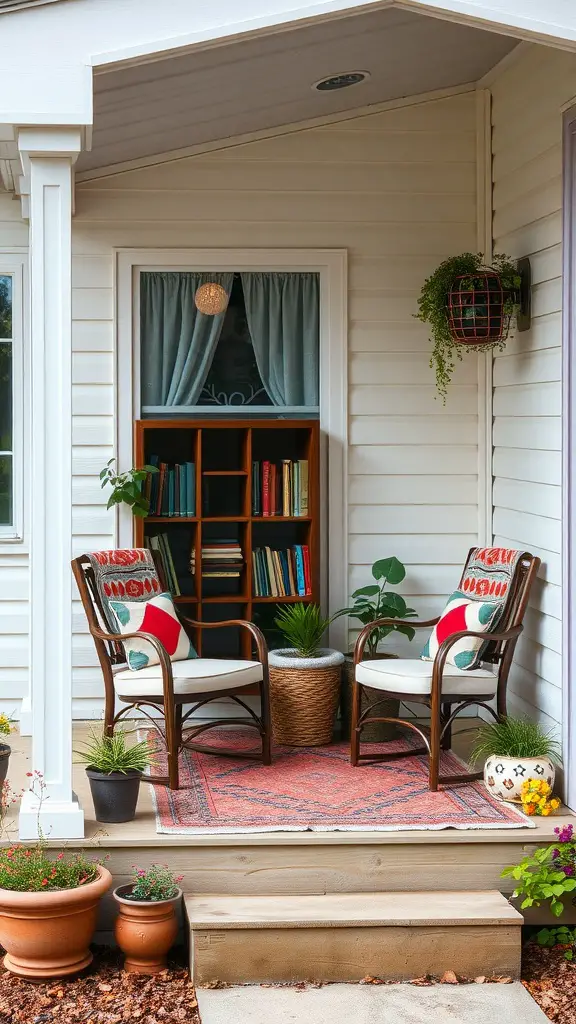 15 Creative Mobile Home Porch Ideas for a Cozy Outdoor Space 8 Cozy outdoor reading nook with two chairs, colorful cushions, a small rug, and a bookshelf.