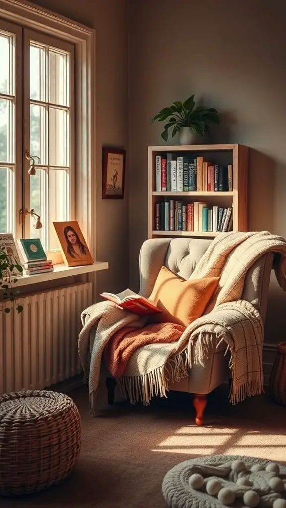 Cozy reading nook featuring a comfortable armchair, soft textiles, a bookshelf, and natural light.