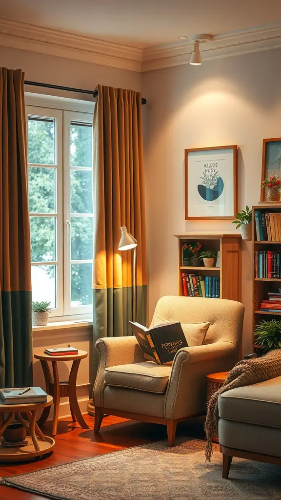 21 Cozy Living Room Ideas to Transform Your Space 13 A cozy reading nook with a comfortable chair, a side table, and a bookshelf, illuminated by soft natural light.