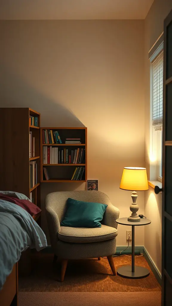 15 Adorable Dorm Room Ideas to Transform Your Space 12 Cozy reading nook in a dorm room with a chair, lamp, and bookshelf.