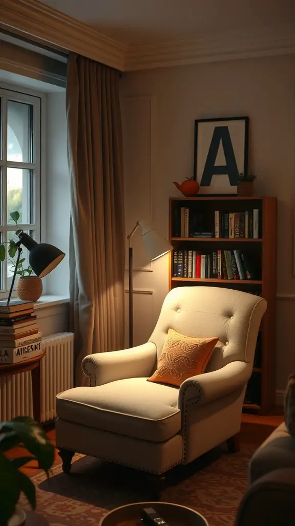 19 Cozy Modern Living Room Inspiration Ideas 8 Cozy reading nook with a comfortable armchair, lamp, and bookshelf in a living room