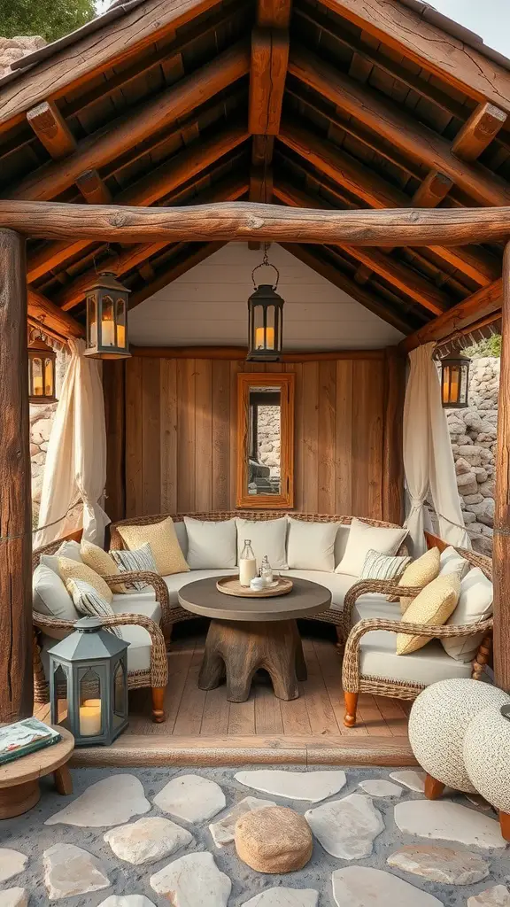 15 Stunning Pool Cabana Ideas for Ultimate Relaxation 6 Cozy rustic pool cabana with wooden structure, soft seating, and lanterns