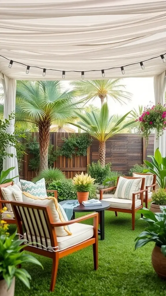 27 Creative Baby Shower Ideas for an August Celebration 14 Cozy outdoor seating arrangement with chairs, cushions, and greenery under a canopy.