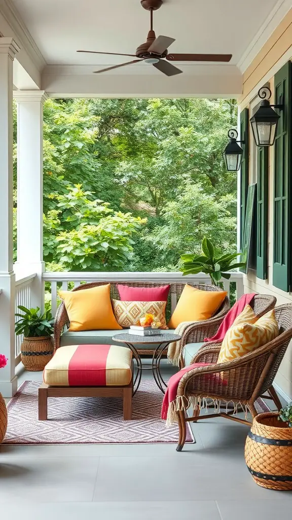 27 Charming Summer Front Porch Decor Ideas You’ll Love 4 Cozy seating nook on a front porch with wicker furniture, colorful pillows, and a view of greenery.