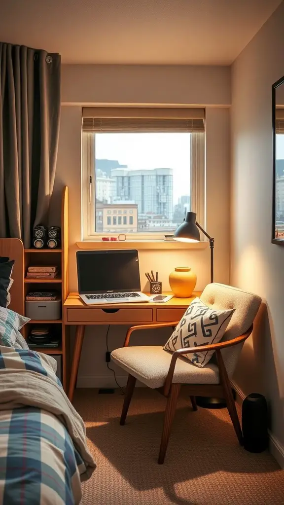 17 Creative Dorm Room Ideas for a Cozy College Experience 7 A cozy study nook in a college dorm featuring a desk, chair, laptop, and a window view.