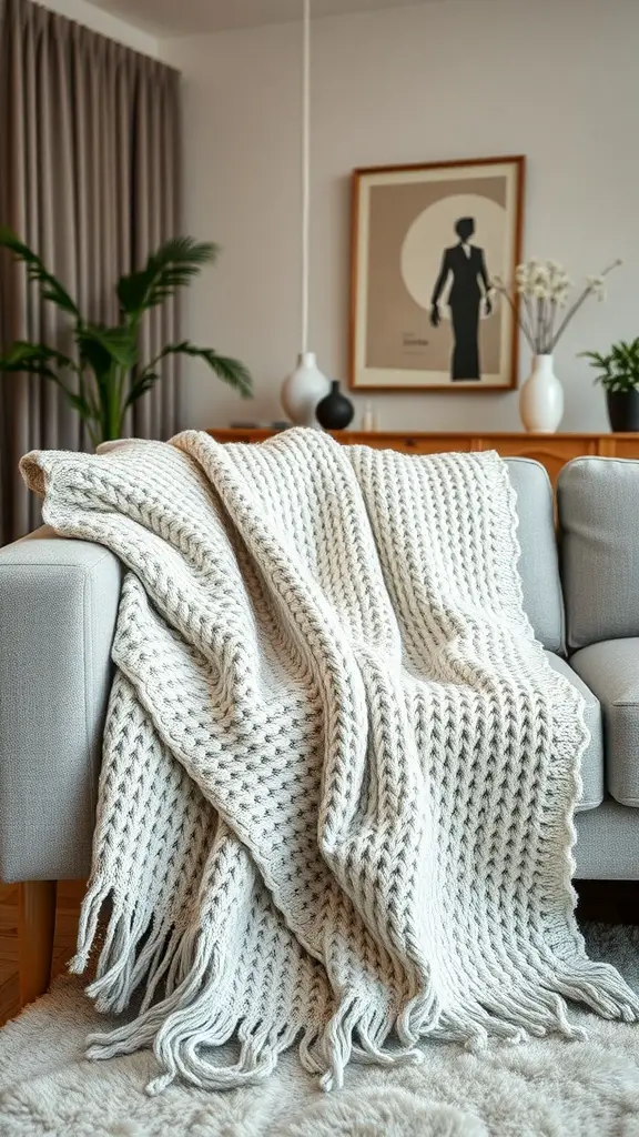 29 Thoughtful Housewarming Gift Ideas Everyone Will Love 5 A cozy knitted throw blanket draped over a light sofa in a modern living room
