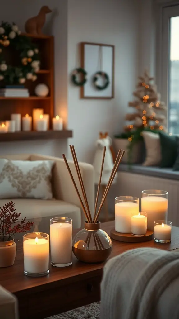 21 Cozy Living Room Ideas to Transform Your Space 17 Cozy living room setup featuring candles and a diffuser for creating a warm atmosphere.