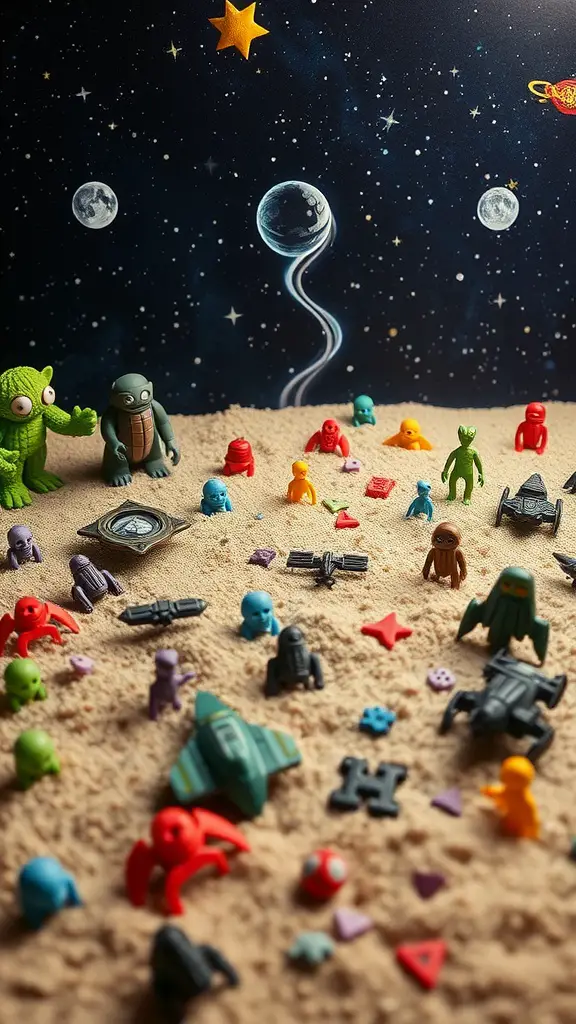 21 Creative Sandbox Ideas for Endless Outdoor Fun 14 Colorful figures and spaceships scattered in sand with a starry backdrop, creating a playful space scene.