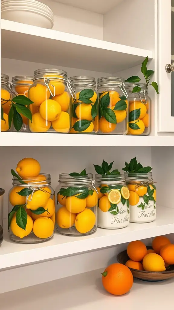 25 Creative Lemon Decor Ideas for Your Home 12 Clear jars filled with bright lemons and green leaves on a white shelf.