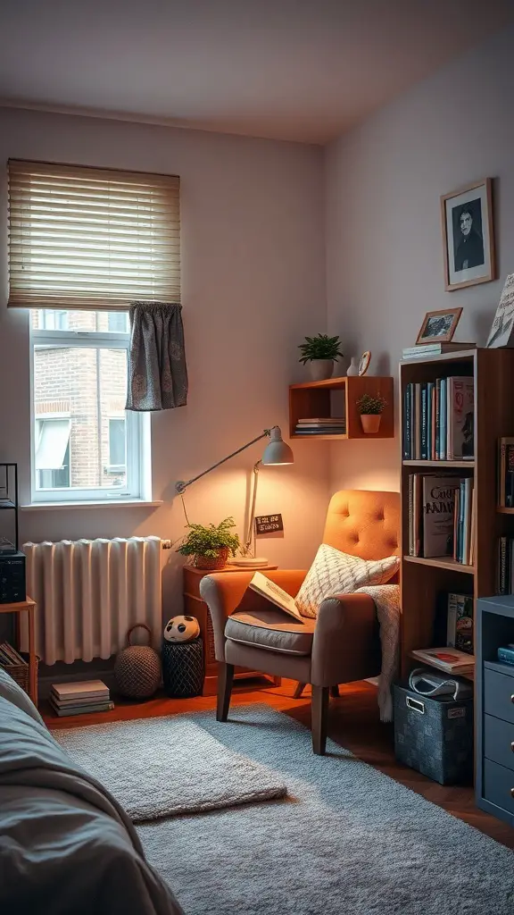 19 Creative Dorm Layout Ideas to Maximize Your Space 6 A cozy reading corner in a dorm room featuring an armchair, bookshelf, and warm lighting.