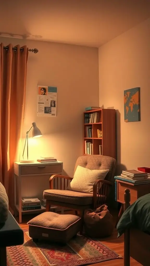 17 Creative Single Dorm Room Ideas You’ll Love 4 A warm reading nook with a cozy chair, lamp, and bookshelf.
