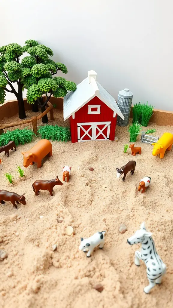 21 Creative Sandbox Ideas for Endless Outdoor Fun 7 A colorful sandbox farm scene with a red barn, silo, and assorted toy animals.