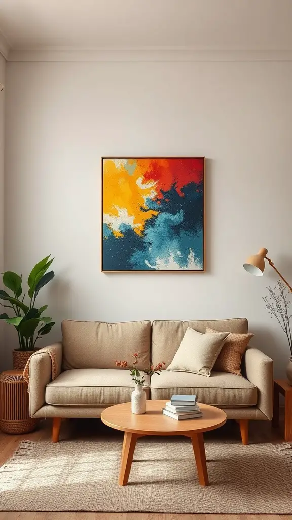 19 Cozy Small Living Room Ideas You’ll Love 2 Cozy small living room with a beige sofa, coffee table, and a vibrant abstract painting on the wall.