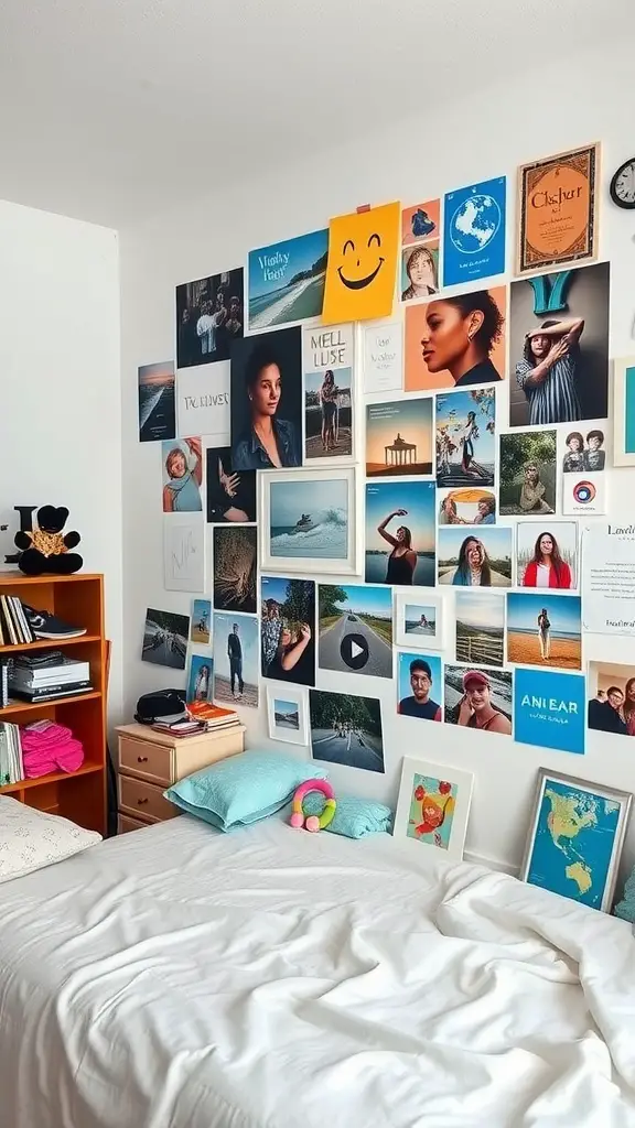 17 Creative Single Dorm Room Ideas You’ll Love 15 A vibrant gallery wall in a single dorm room featuring a mix of personal photos and art prints.