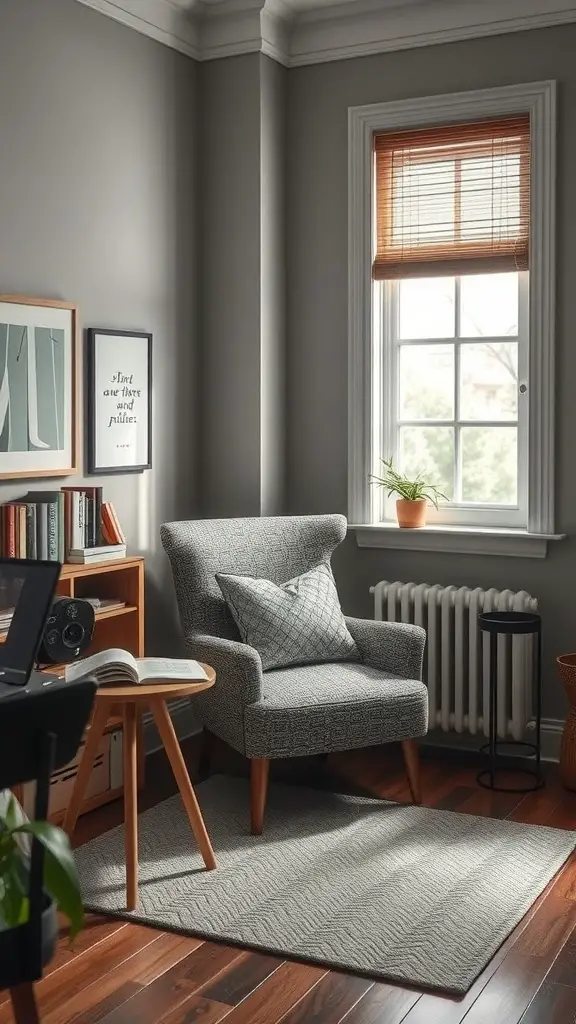 21 Cozy Home Office Ideas for a Productive and Inviting Workspace 7 A cozy reading nook with a stylish armchair, small table, and natural light from a window.