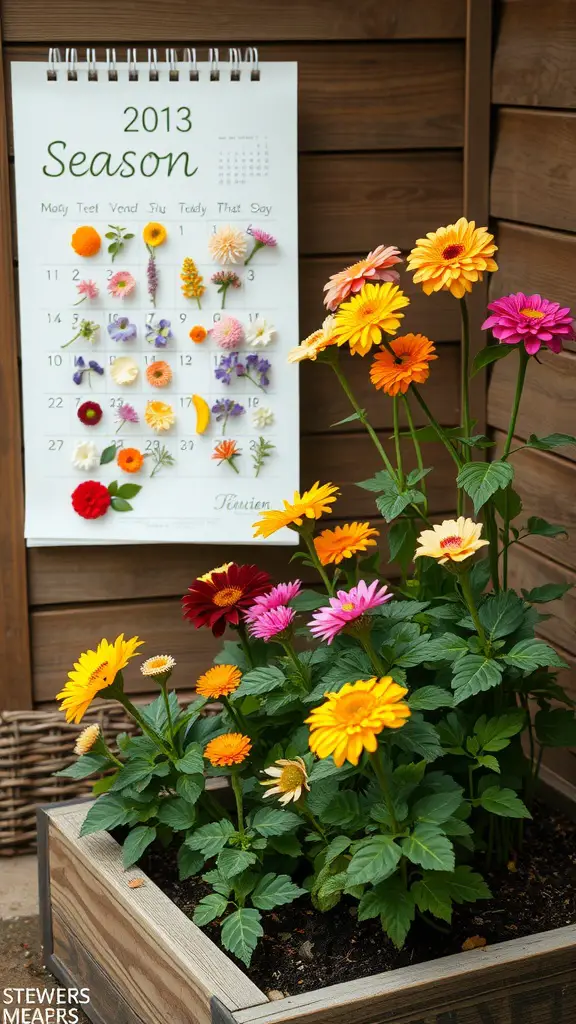 13 Beautiful Raised Flower Bed Ideas for Your Front Yard 5 A vibrant raised flower bed with colorful flowers in front of a calendar showing seasonal blooms.