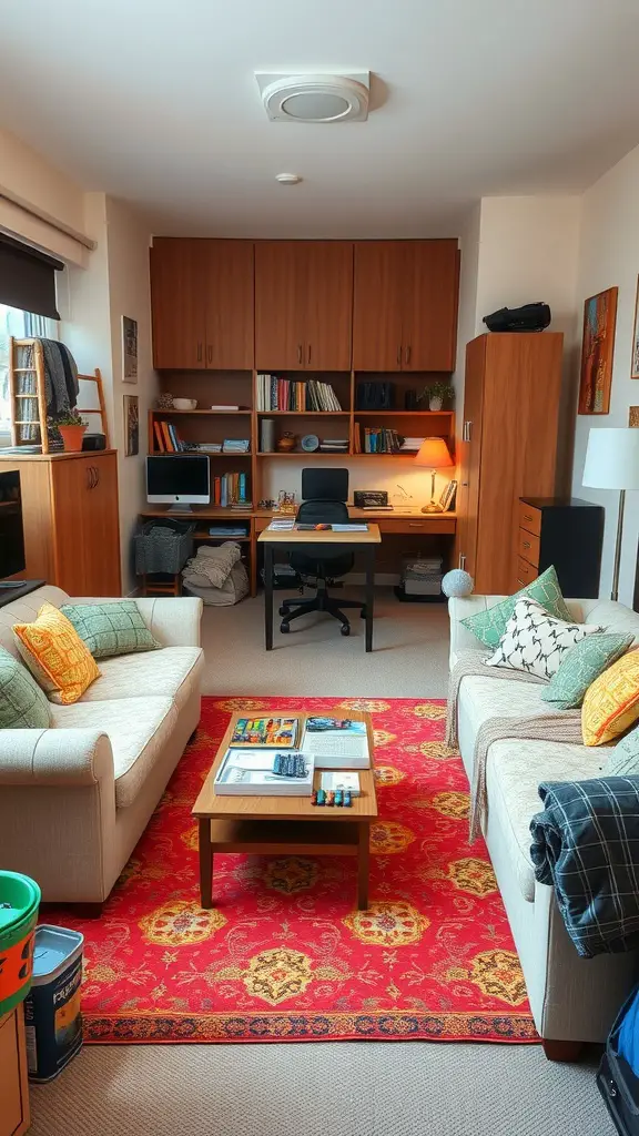 21 Creative Dorm Room Inspiration Ideas for College Students 15 Cozy college dorm room featuring two couches, a coffee table, and a vibrant red rug, creating a social space for gatherings.