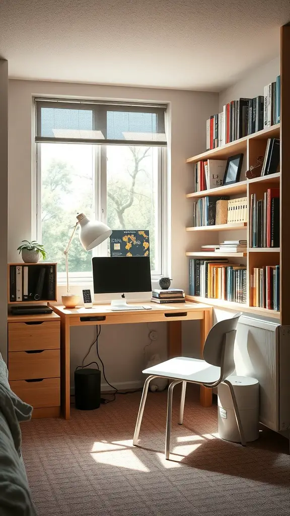 21 Creative Dorm Room Inspiration Ideas for College Students 7 A well-organized study nook featuring a desk with a computer, lamp, and bookshelves filled with books.
