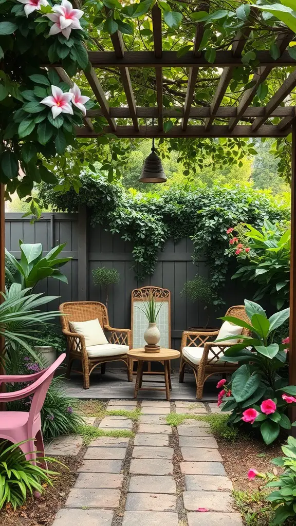 25 Stunning Shade Garden Ideas to Transform Your Outdoor Space 4 A serene seating area surrounded by lush greenery and flowers, featuring wicker chairs and a small table beneath a pergola.