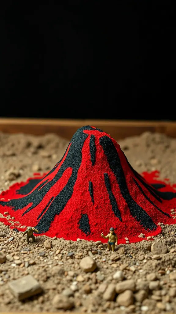 21 Creative Sandbox Ideas for Endless Outdoor Fun 11 A colorful sand volcano in a sandbox with toy soldiers.