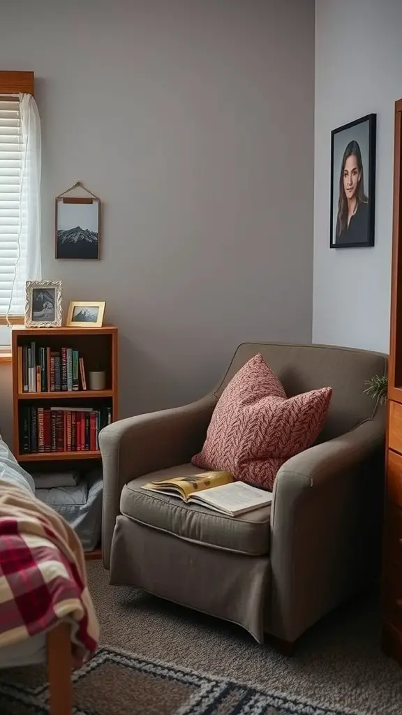 19 Creative Small Dorm Room Ideas to Maximize Your Space 11 Cozy nook in a dorm room with a chair, pillows, bookshelf, and wall art.