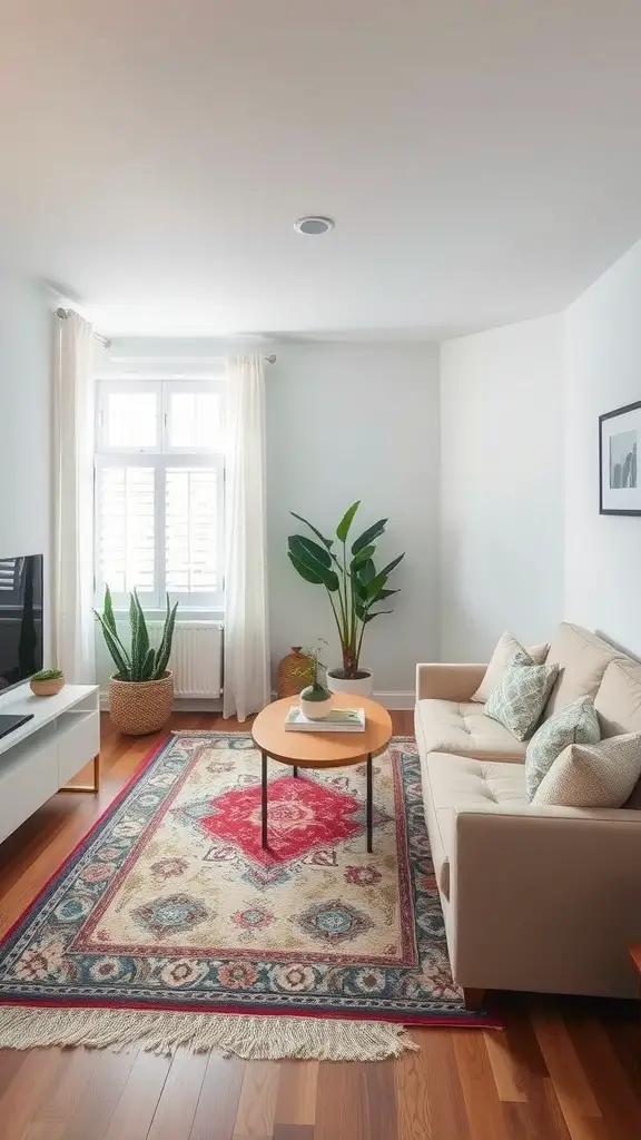 19 Cozy Small Living Room Ideas You’ll Love 10 A cozy living room featuring a colorful area rug under a coffee table and sofa, complemented by plants.