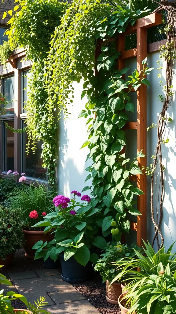 25 Stunning Shade Garden Ideas to Transform Your Outdoor Space 11 A cozy shade garden with climbing plants on a trellis surrounded by colorful flowers and green foliage.