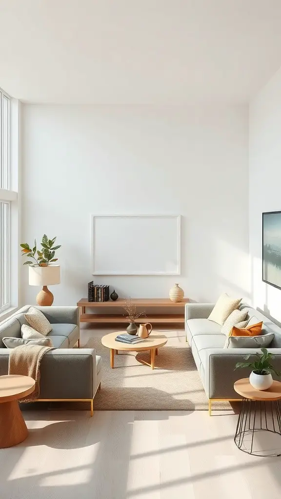 15 Minimalist Living Room Ideas for a Stylish Space 11 Minimalist living room with two sofas, a coffee table, and plants, arranged to create distinct zones.