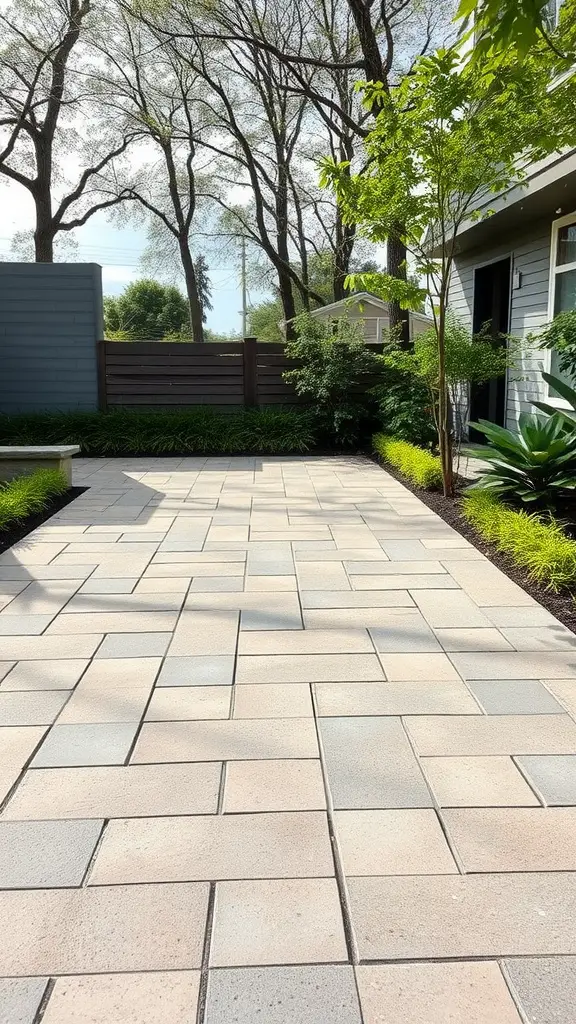 21 Creative Backyard Privacy Ideas to Keep Neighbors at Bay 11 A well-designed paver patio surrounded by greenery and trees, creating defined zones in a backyard.
