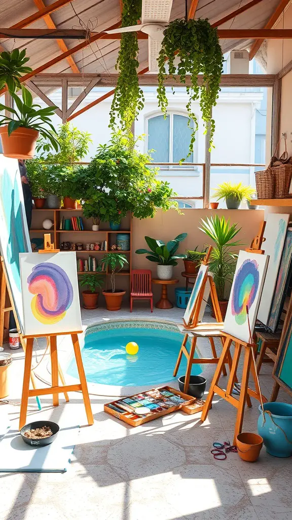 15 Charming Small Pool House Ideas for Your Backyard 12 Creative art studio in a small pool house with colorful paintings and plants.