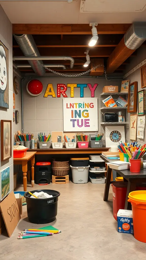 21 Cozy Basement Ideas for a Warm and Inviting Space 2 A colorful and organized arts and crafts corner in a basement, featuring art supplies and creative decorations.