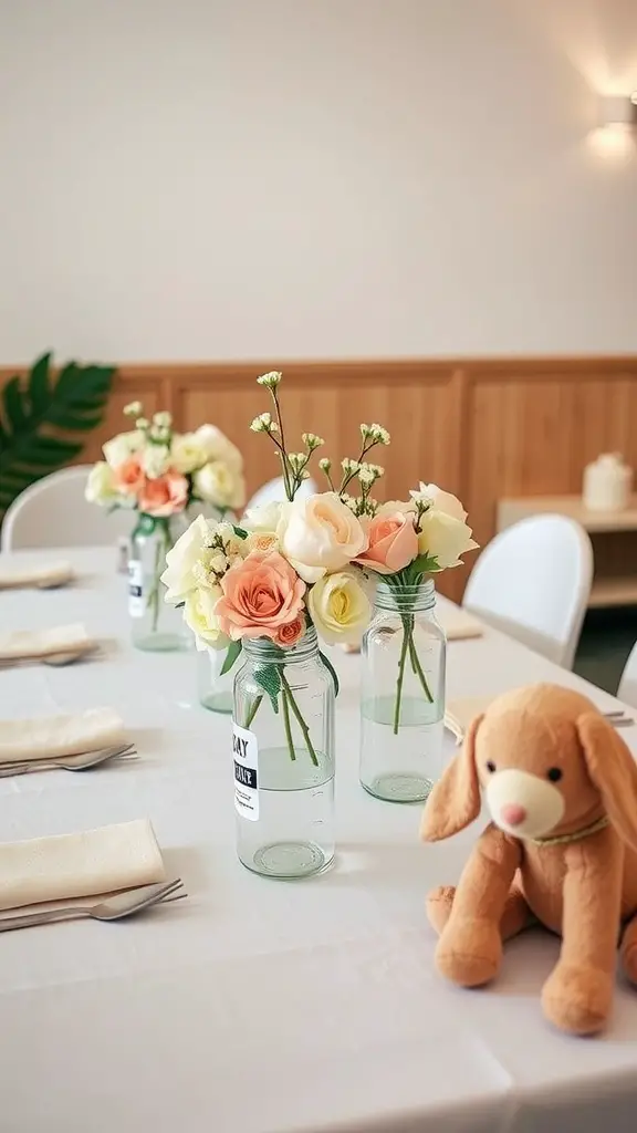29 Creative Baby Shower Ideas for May Celebrations 11 A table set for a baby shower with flowers in jars and a stuffed toy