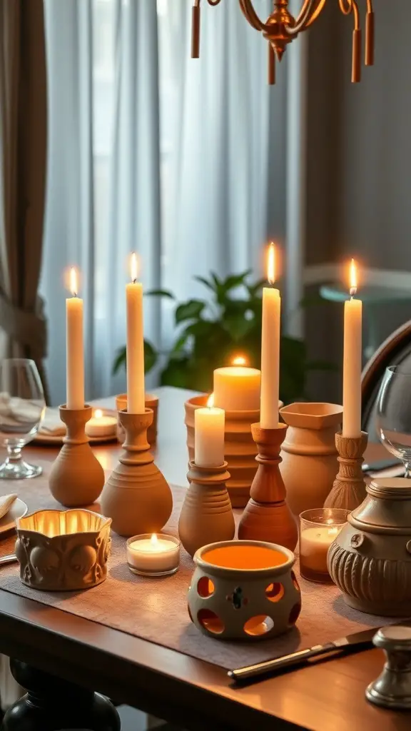 23 Creative Clay Art Ideas to Inspire Your Next Project 8 A table set with various clay candle holders and lit candles, creating a warm ambiance.