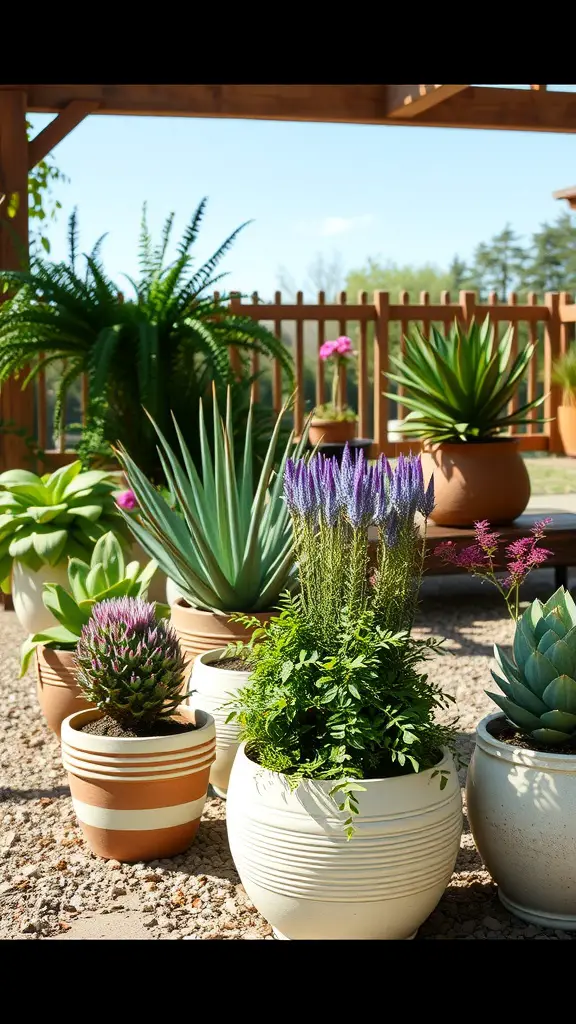 15 Stunning Planter Ideas for Full Sun Gardens 13 A variety of potted plants arranged in a sunny garden area, showcasing different shapes and colors.