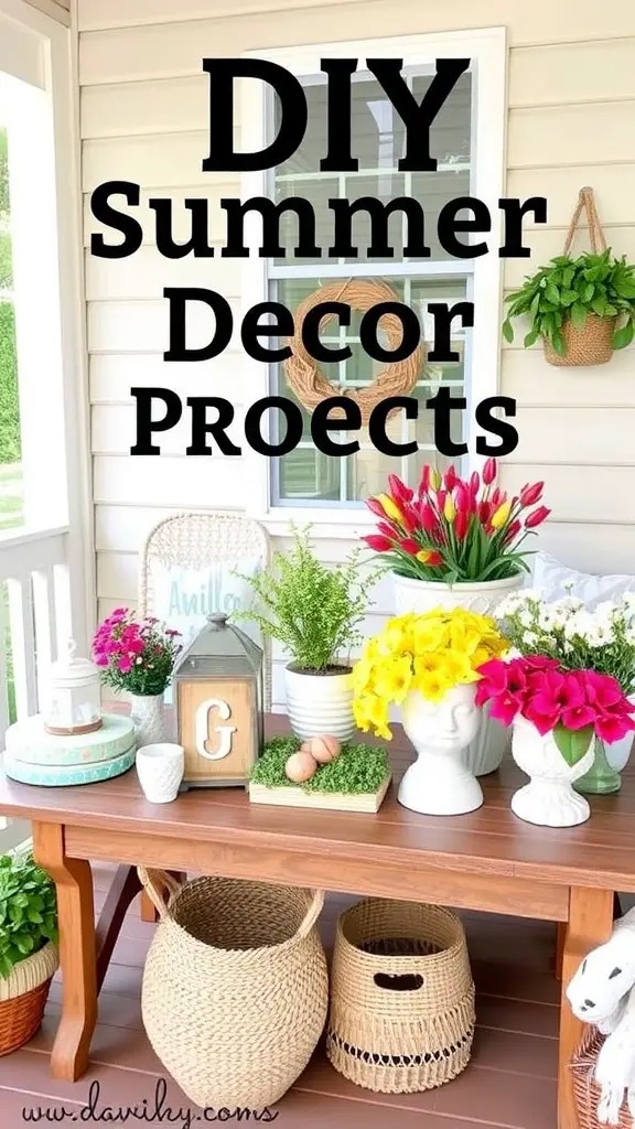27 Charming Summer Front Porch Decor Ideas You’ll Love 15 A front porch table decorated for summer with flowers, plants, and decorative items.