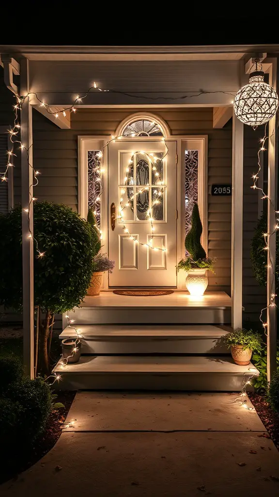 15 Creative Front Porch Lighting Ideas for a Stunning Entryway 17 A front porch decorated with string lights and a decorative lantern, creating a warm and inviting atmosphere.