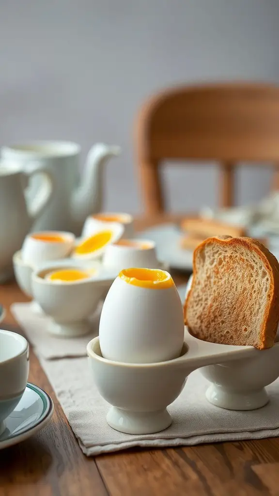 25 Functional Pottery Ideas to Enhance Your Home Decor 13 An assortment of creative egg holders with soft-boiled eggs and toast on a breakfast table.