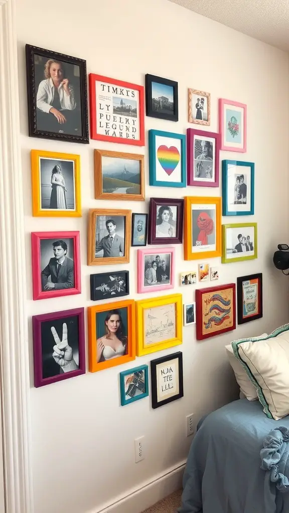 19 Cozy Dorm Room Aesthetic Ideas to Transform Your Space 13 A colorful gallery wall with various framed photos and artwork.